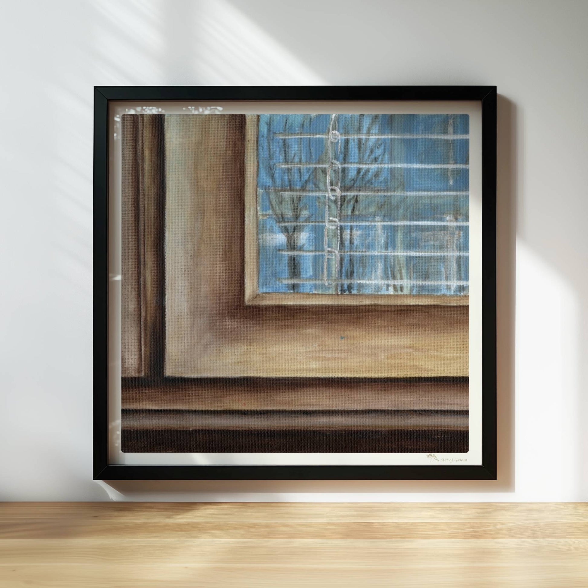 Fensterrahmen mit Ausblick – minimalistische Innenkunst mit ruhiger Stimmung.. Rahmen schwarz 30x30