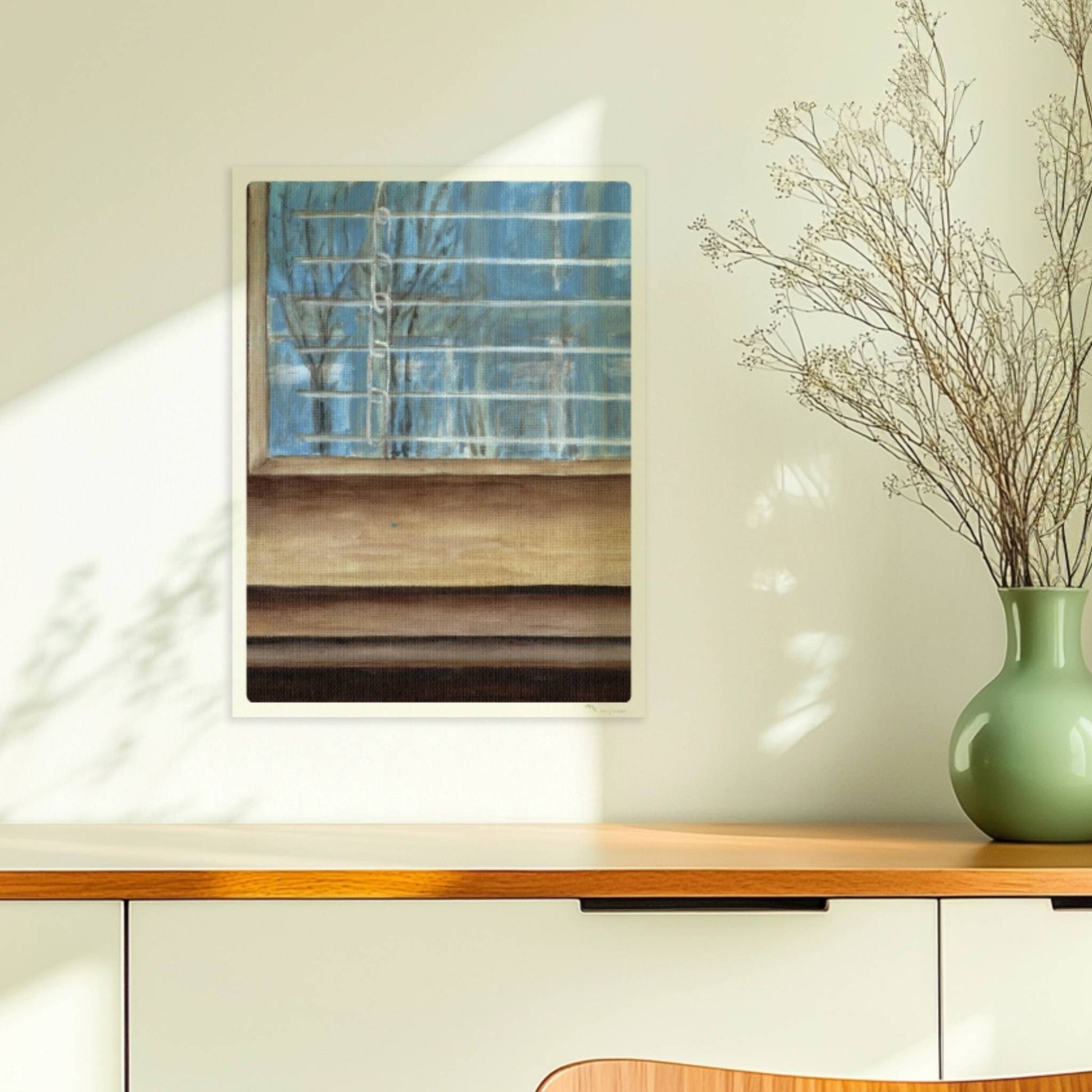 Fensterrahmen mit Ausblick – minimalistische Innenkunst mit ruhiger Stimmung.. Ohne Rahmen 30x40