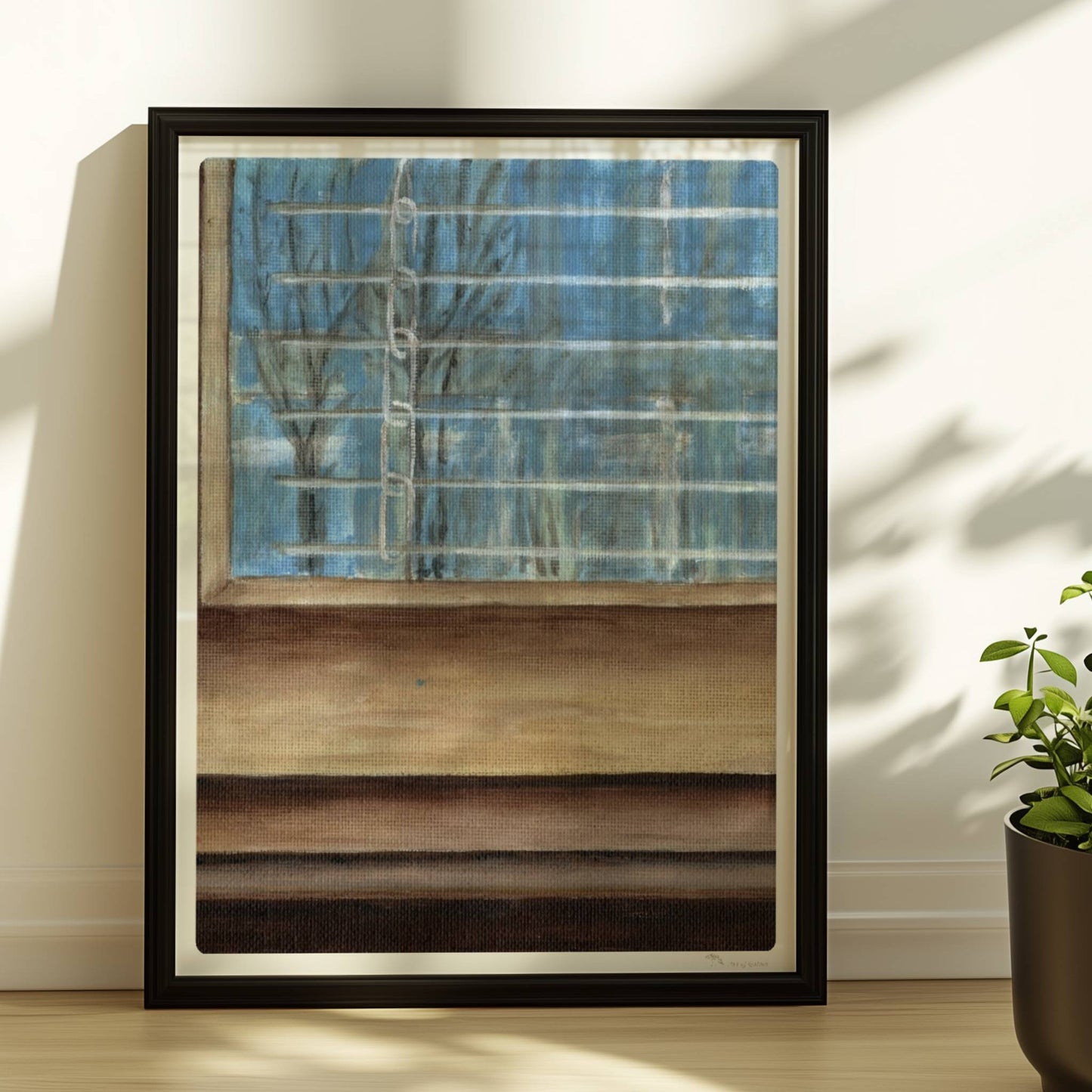 Fensterrahmen mit Ausblick – minimalistische Innenkunst mit ruhiger Stimmung.. Rahmen schwarz 30x40