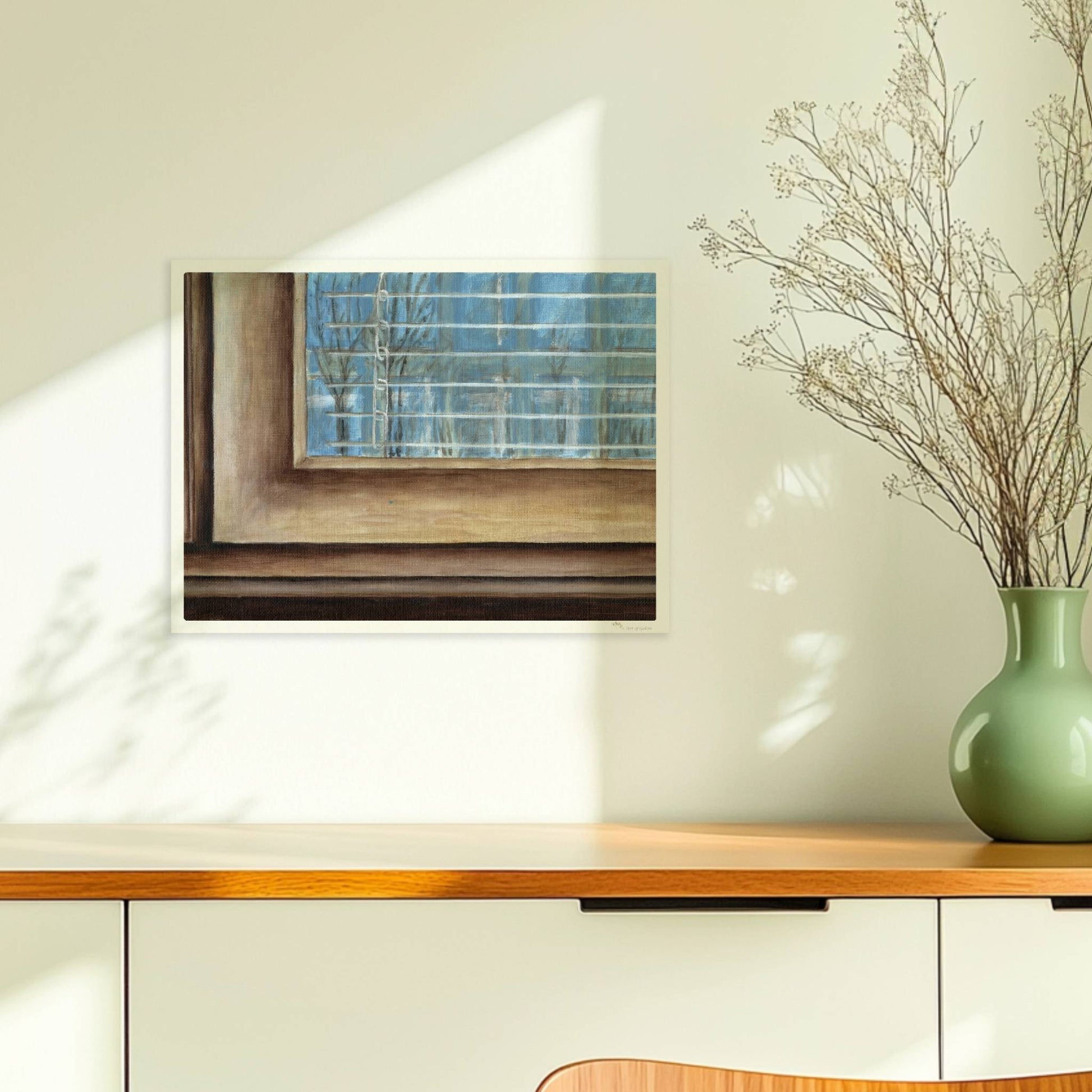 Fensterrahmen mit Ausblick – minimalistische Innenkunst mit ruhiger Stimmung.. Ohne Rahmen 40x30