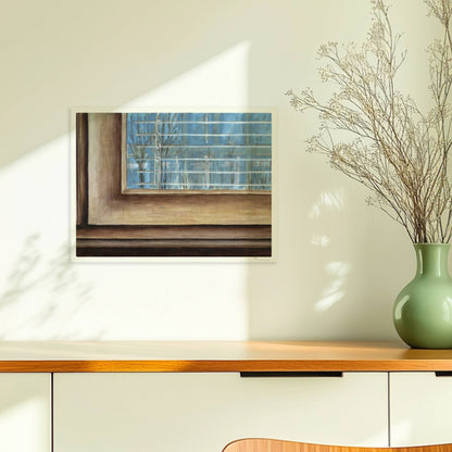 Fensterrahmen mit Ausblick – minimalistische Innenkunst mit ruhiger Stimmung.. Ohne Rahmen 40x30