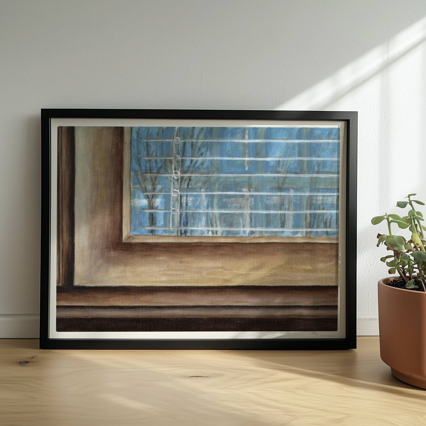 Fensterrahmen mit Ausblick – minimalistische Innenkunst mit ruhiger Stimmung.. Rahmen schwarz 40x30