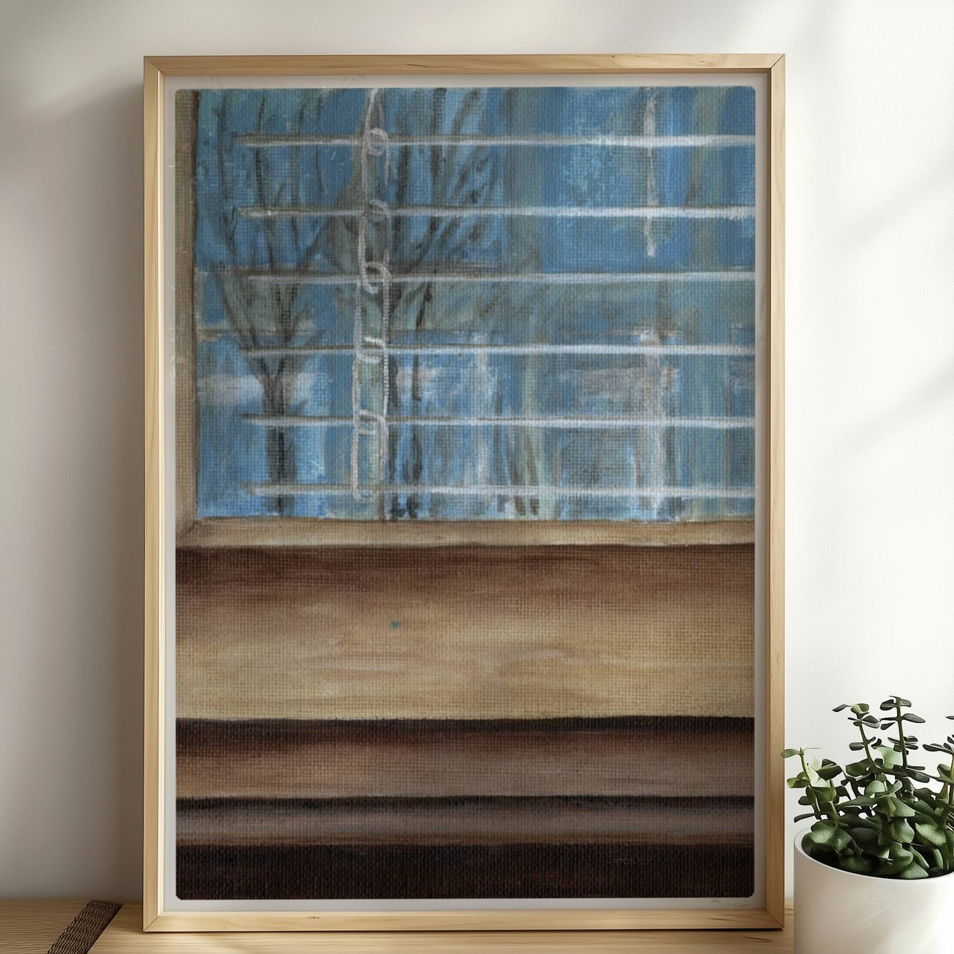 Fensterrahmen mit Ausblick – minimalistische Innenkunst mit ruhiger Stimmung.. Rahmen natur 50x70