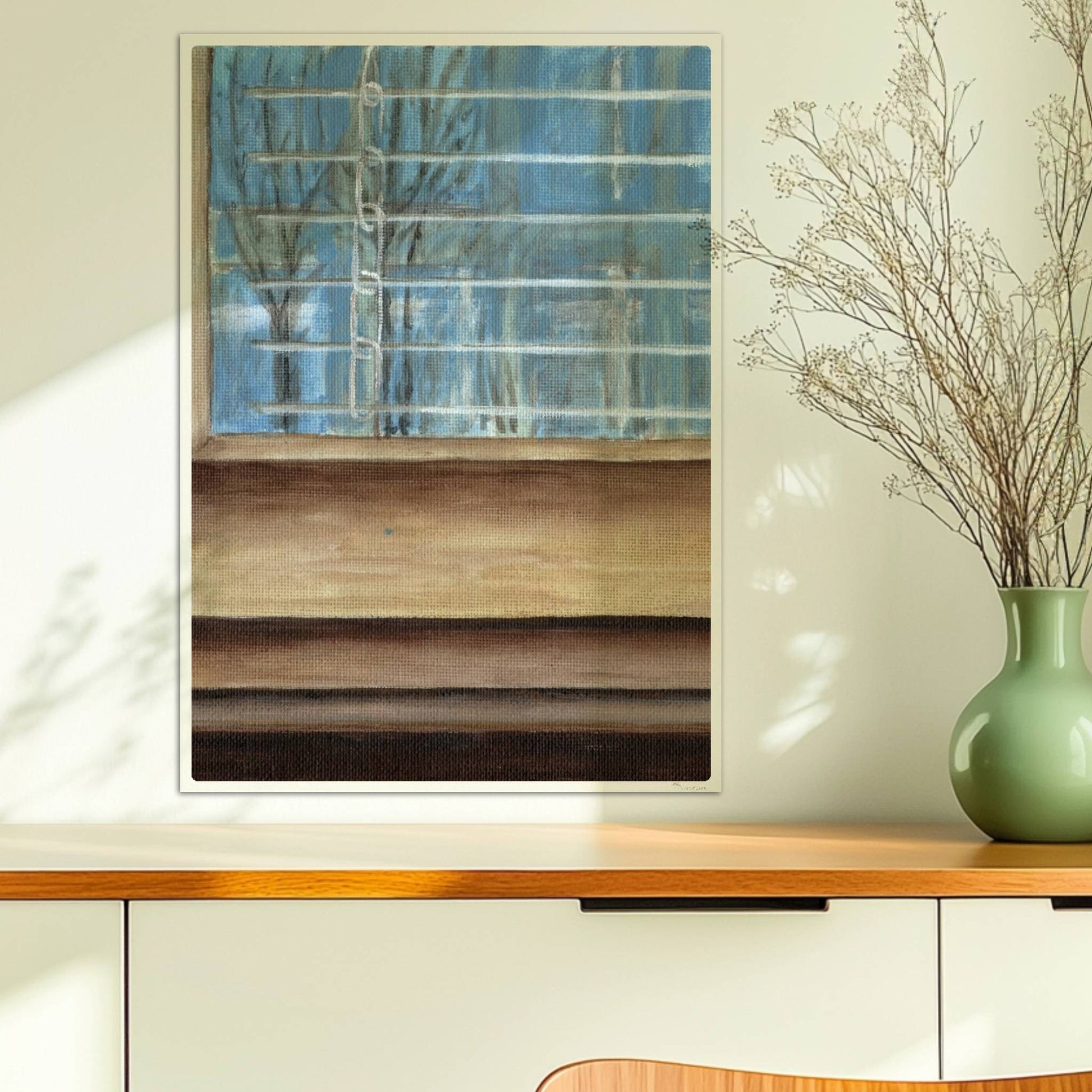 Fensterrahmen mit Ausblick – minimalistische Innenkunst mit ruhiger Stimmung.. Ohne Rahmen 50x70