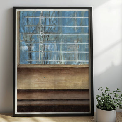 Fensterrahmen mit Ausblick – minimalistische Innenkunst mit ruhiger Stimmung.. Rahmen schwarz 50x70