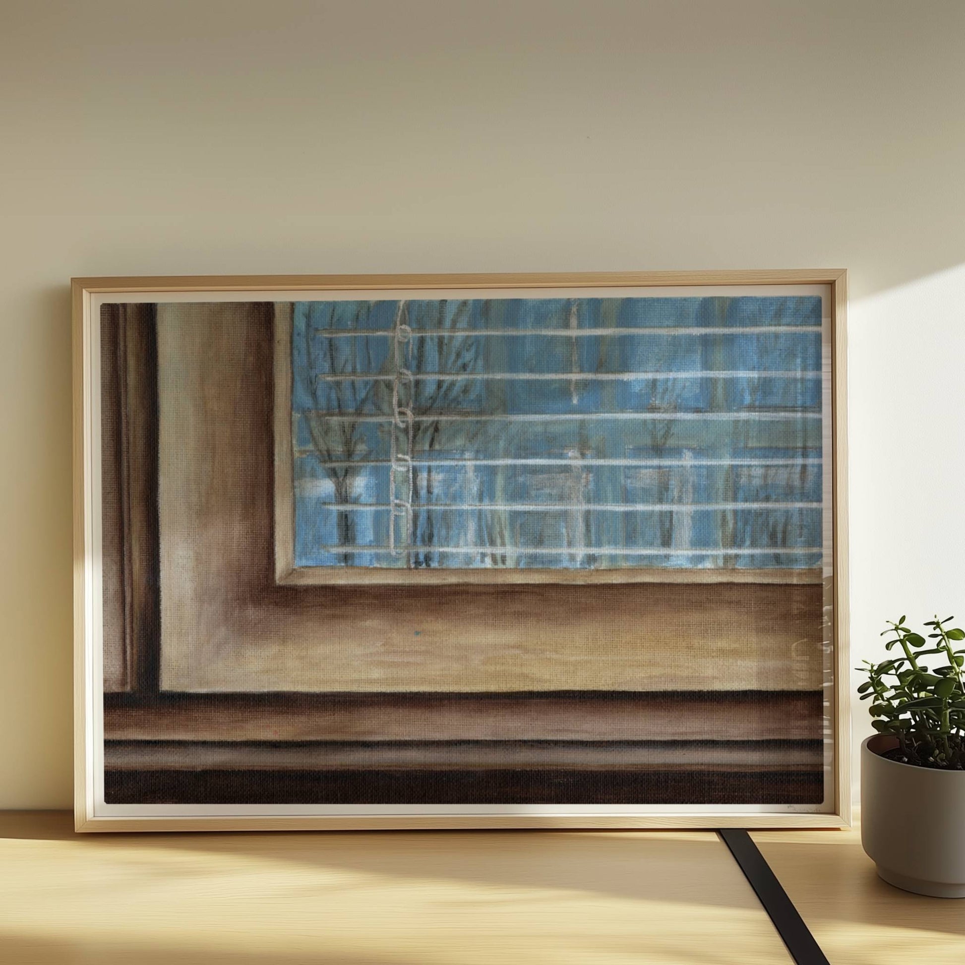 Fensterrahmen mit Ausblick – minimalistische Innenkunst mit ruhiger Stimmung.. Rahmen natur 70x50