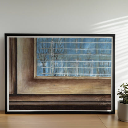 Fensterrahmen mit Ausblick – minimalistische Innenkunst mit ruhiger Stimmung.. Rahmen schwarz 70x50