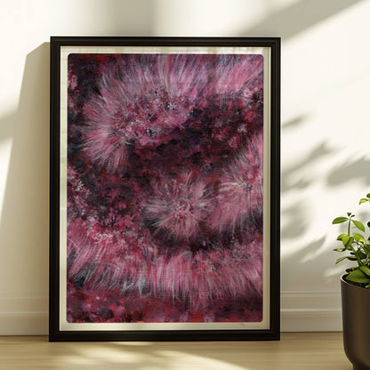 Drappierter pinker Kunstpelz mit goldenem Reißverschluss – abstrakte Struktur und Bewegung.. Rahmen schwarz 30x40