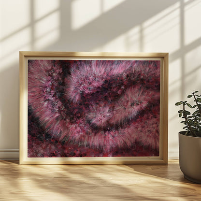 Drappierter pinker Kunstpelz mit goldenem Reißverschluss – abstrakte Struktur und Bewegung.. Rahmen natur 40x30