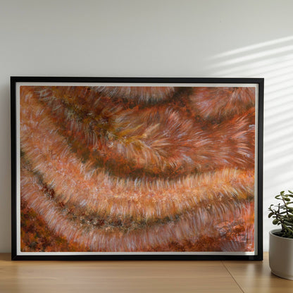 Nahaufnahme einer rotbraunen Kunstfellstruktur mit organischer Spiralform und samtigem Glanz.. Rahmen schwarz 70x50