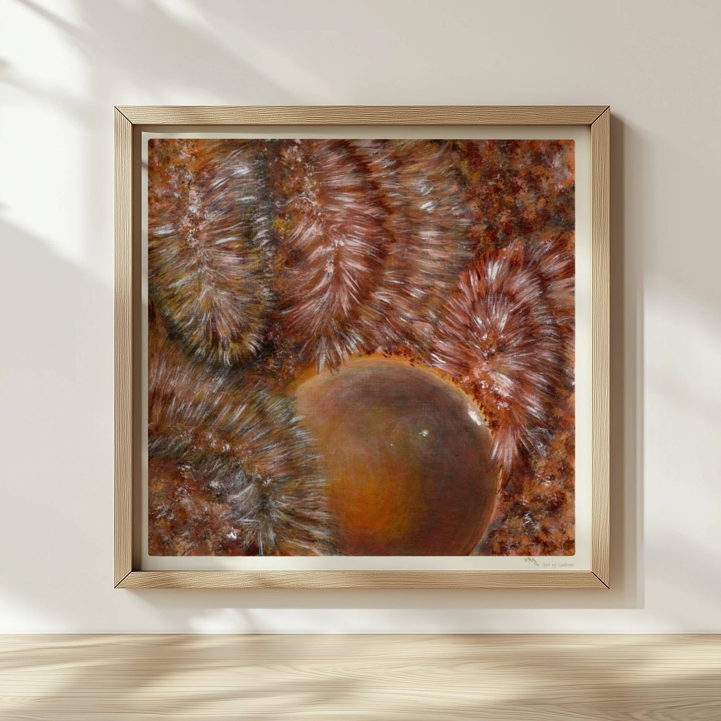 Abstrakte Darstellung von braunem Kunstfell mit dynamischer Kugelform und organischen Texturmustern.. Rahmen natur 30x30