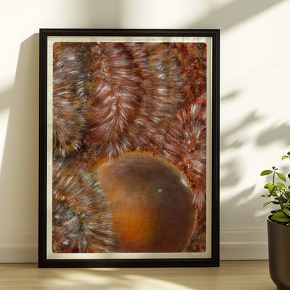 Abstrakte Darstellung von braunem Kunstfell mit dynamischer Kugelform und organischen Texturmustern.. Rahmen schwarz 30x40