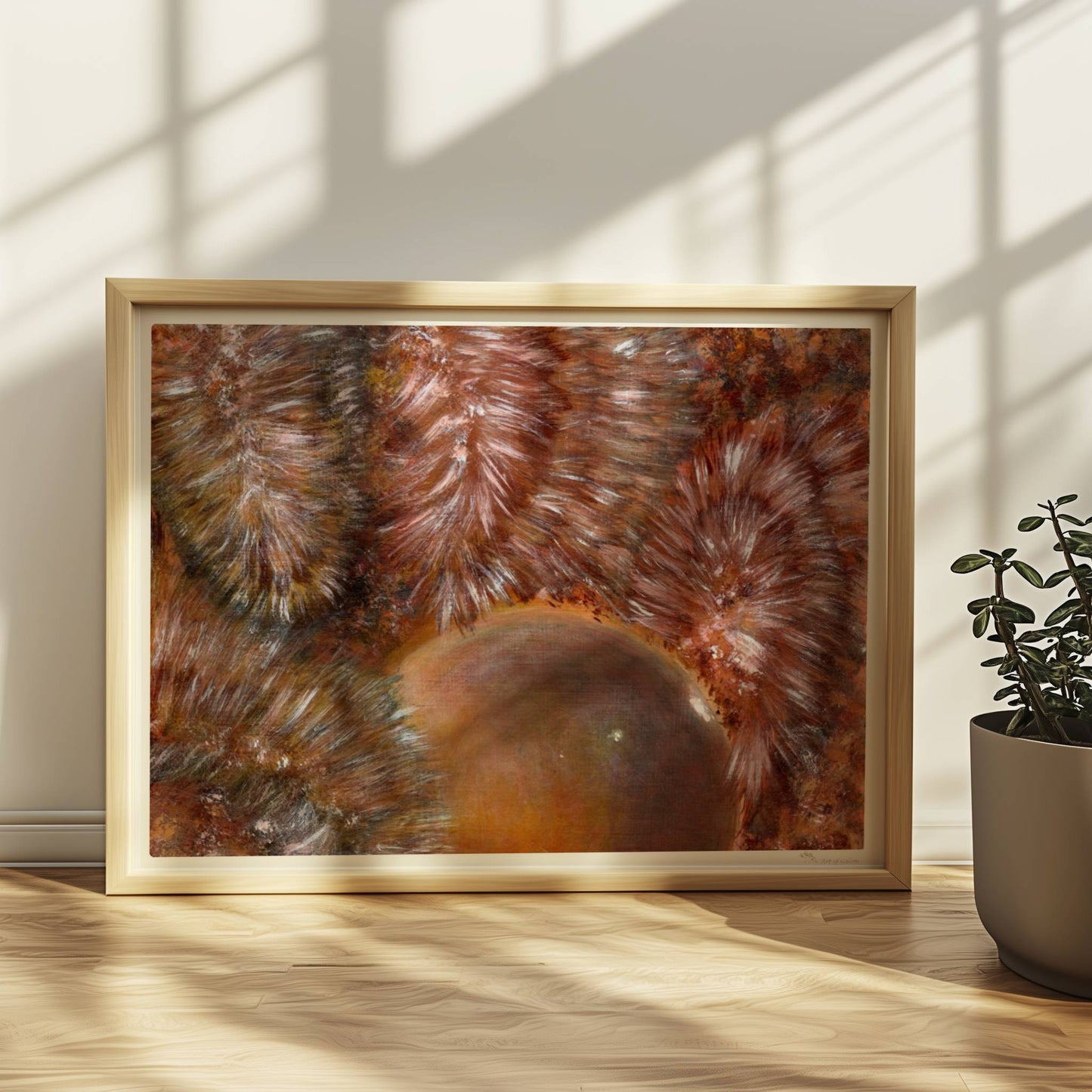 Abstrakte Darstellung von braunem Kunstfell mit dynamischer Kugelform und organischen Texturmustern.. Rahmen natur 40x30