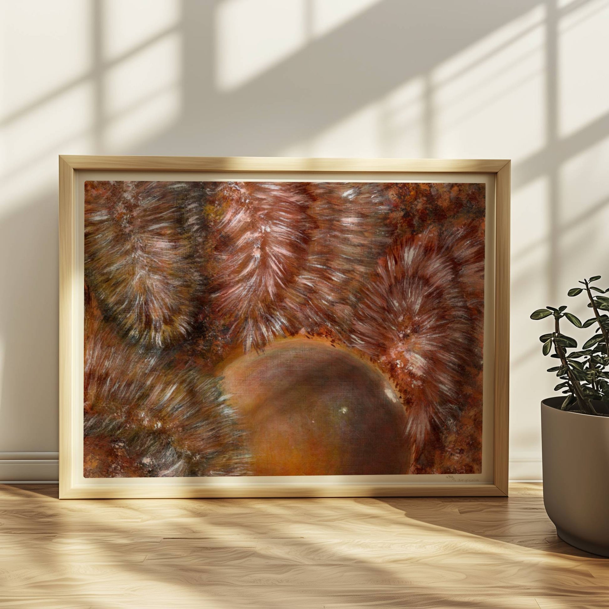 Abstrakte Darstellung von braunem Kunstfell mit dynamischer Kugelform und organischen Texturmustern.. Rahmen natur 40x30