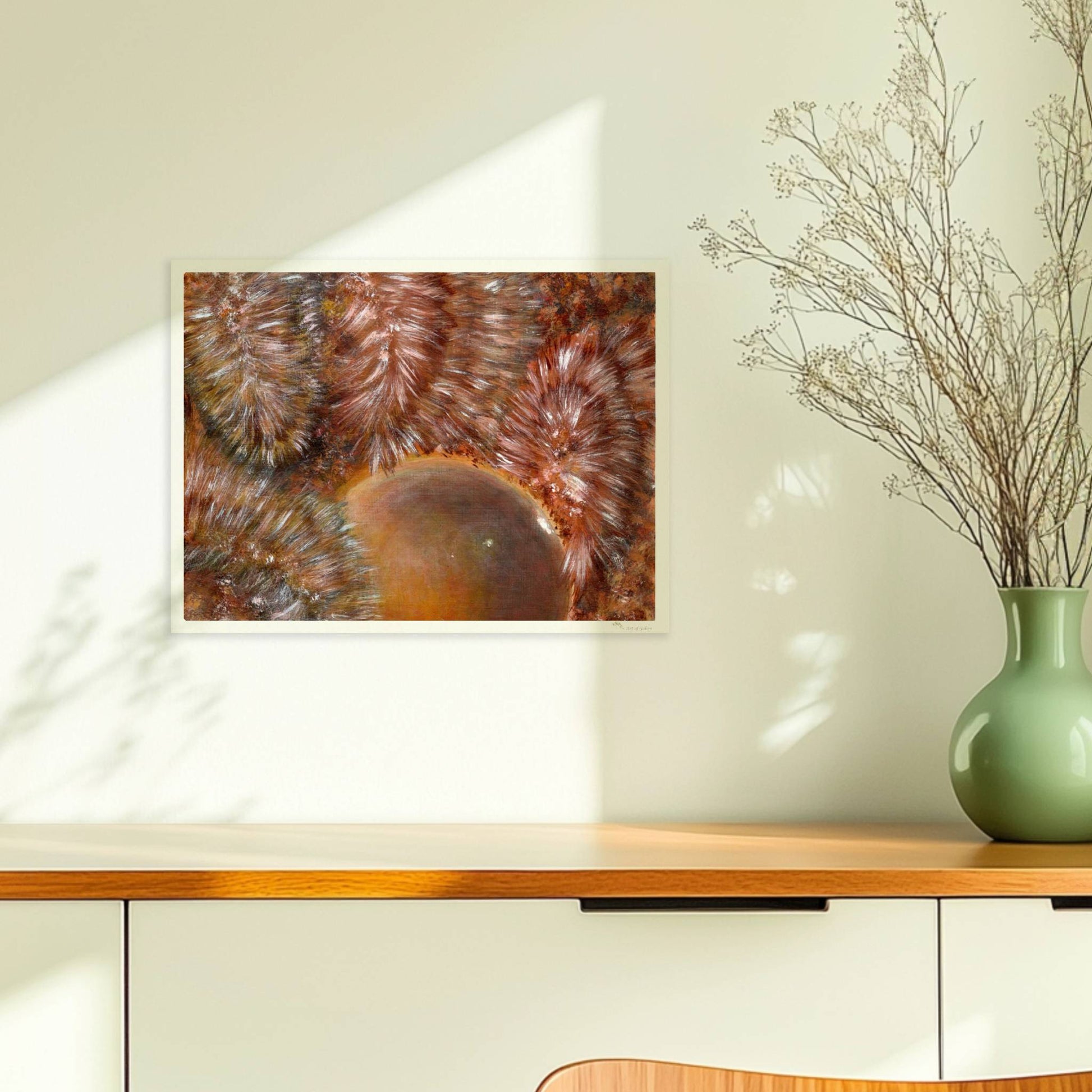 Abstrakte Darstellung von braunem Kunstfell mit dynamischer Kugelform und organischen Texturmustern.. Ohne Rahmen 40x30