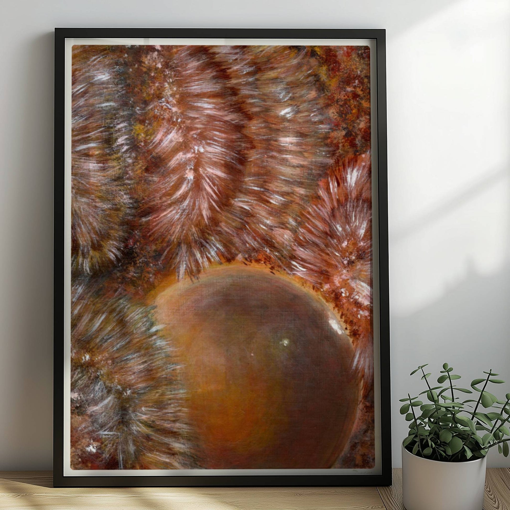 Abstrakte Darstellung von braunem Kunstfell mit dynamischer Kugelform und organischen Texturmustern.. Rahmen schwarz 50x70