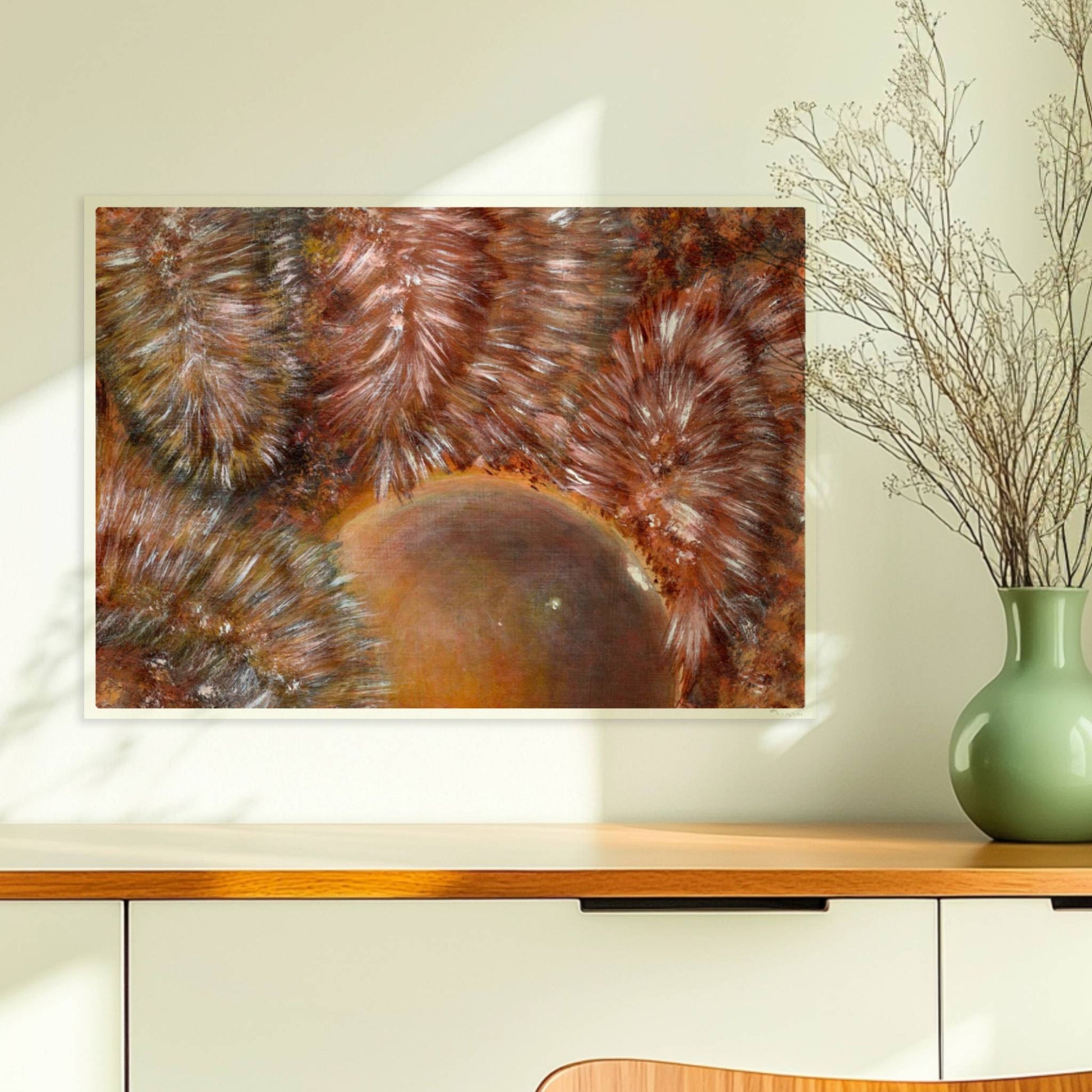 Abstrakte Darstellung von braunem Kunstfell mit dynamischer Kugelform und organischen Texturmustern.. Ohne Rahmen 70x50