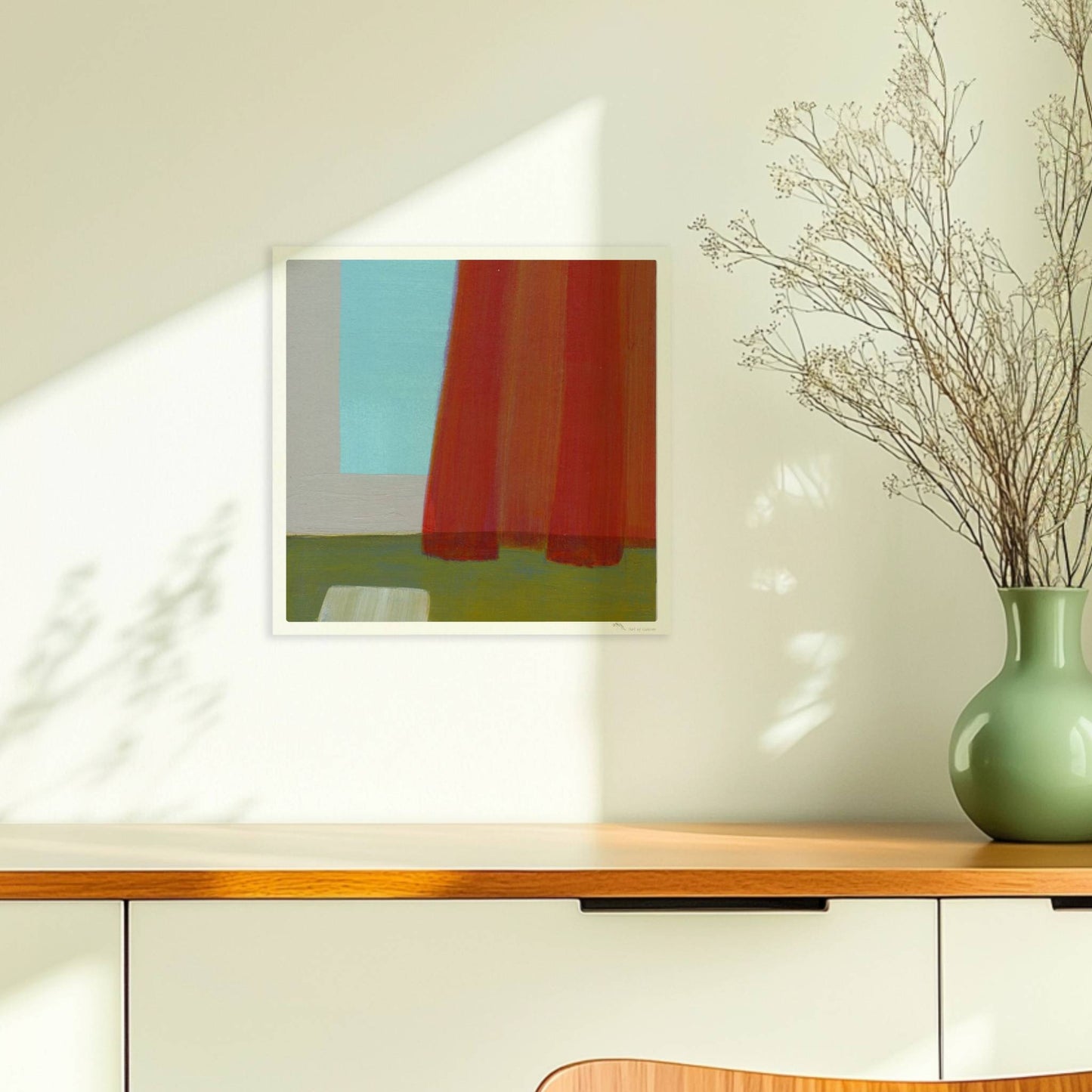 Abstrakte Komposition mit rotem Vorhang, türkisfarbener Wand und grünem Boden – minimalistische Raumdarstellung.. Ohne Rahmen 30x30