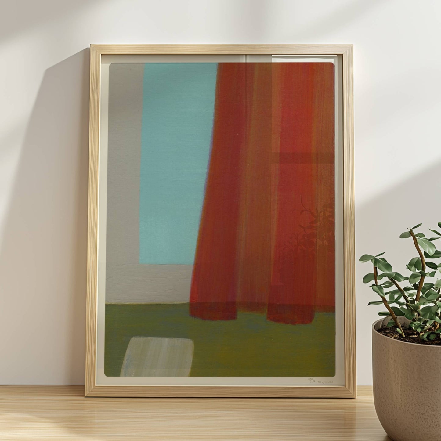 Abstrakte Komposition mit rotem Vorhang, türkisfarbener Wand und grünem Boden – minimalistische Raumdarstellung.. Rahmen natur 30x40