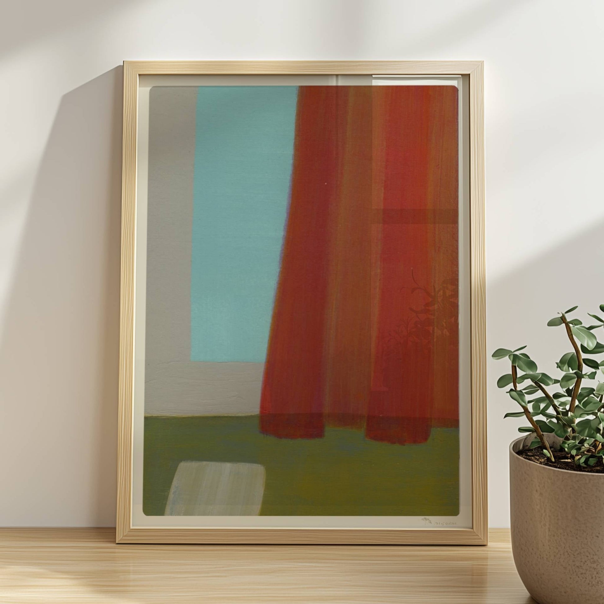Abstrakte Komposition mit rotem Vorhang, türkisfarbener Wand und grünem Boden – minimalistische Raumdarstellung.. Rahmen natur 30x40