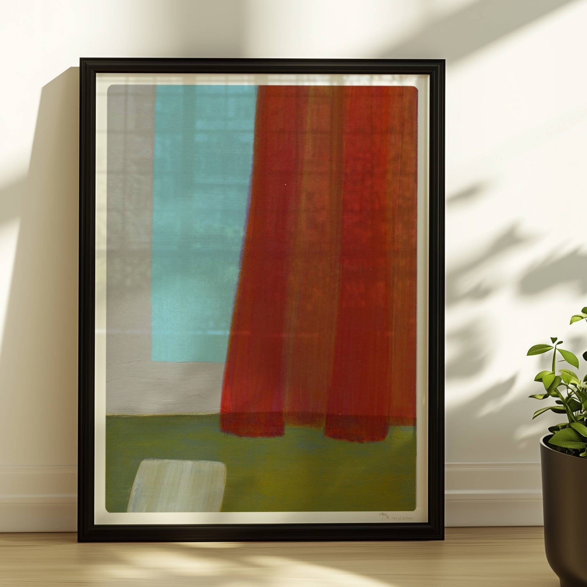 Abstrakte Komposition mit rotem Vorhang, türkisfarbener Wand und grünem Boden – minimalistische Raumdarstellung.. Rahmen schwarz 30x40