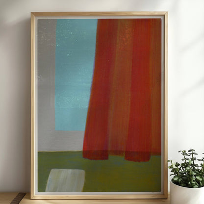 Abstrakte Komposition mit rotem Vorhang, türkisfarbener Wand und grünem Boden – minimalistische Raumdarstellung.. Rahmen natur 50x70