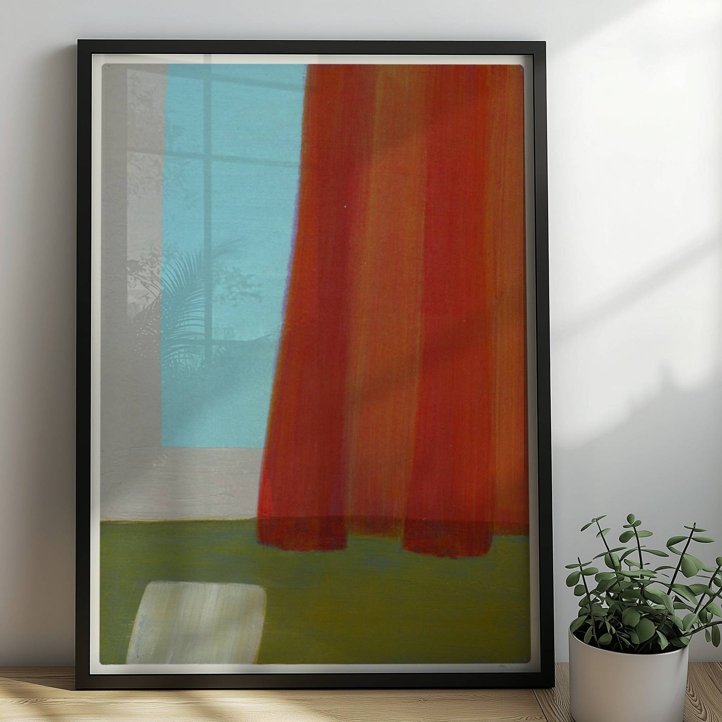 Abstrakte Komposition mit rotem Vorhang, türkisfarbener Wand und grünem Boden – minimalistische Raumdarstellung.. Rahmen schwarz 50x70