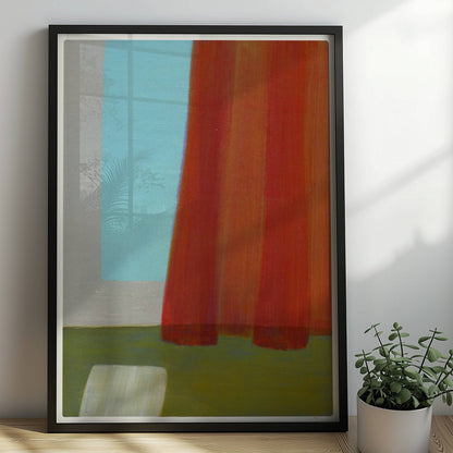 Abstrakte Komposition mit rotem Vorhang, türkisfarbener Wand und grünem Boden – minimalistische Raumdarstellung.. Rahmen schwarz 50x70