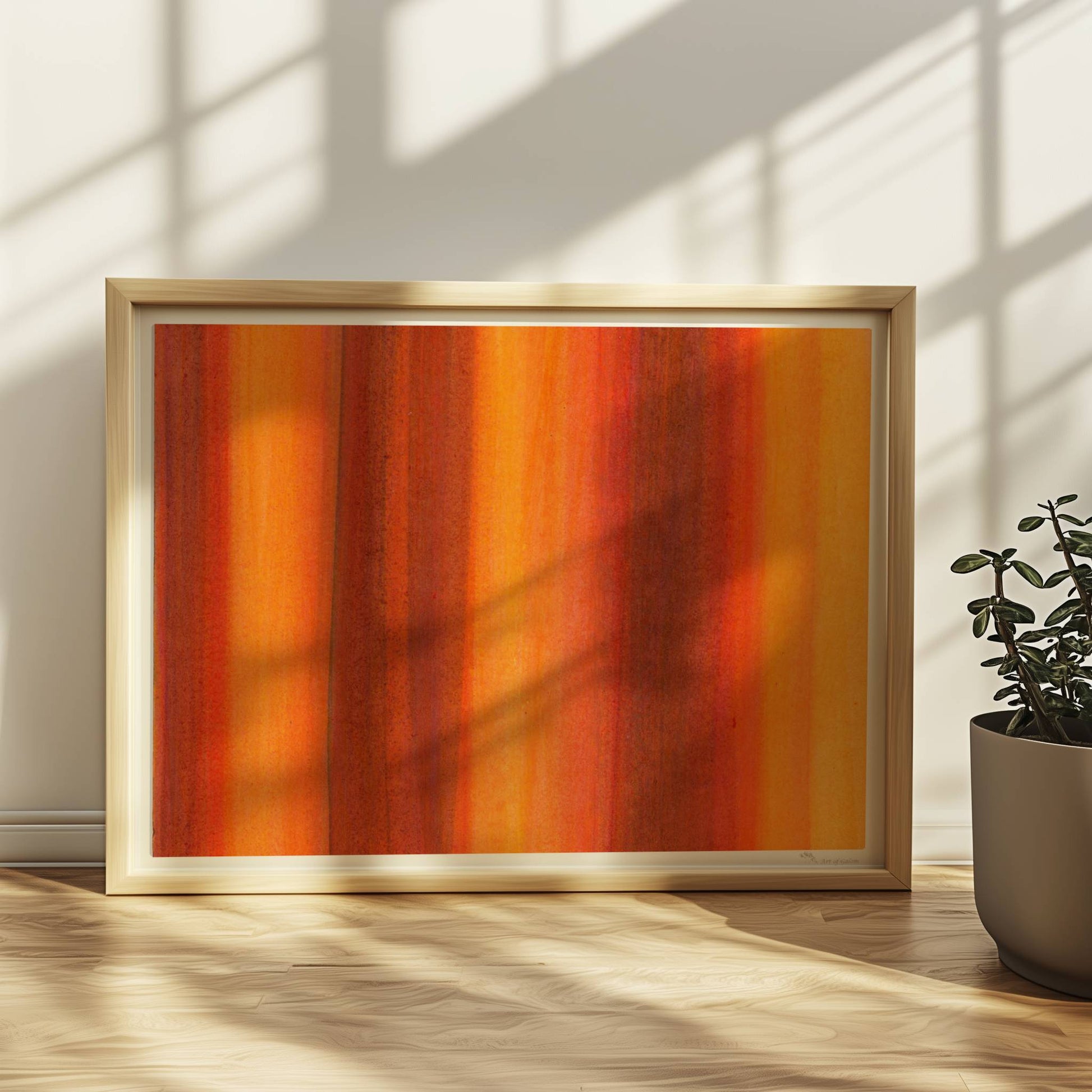 Vertikale Streifen in leuchtendem Orange, Rot und Gelb erzeugen eine abstrakte Wandwirkung mit Wärme und Energie.. Rahmen natur 40x30