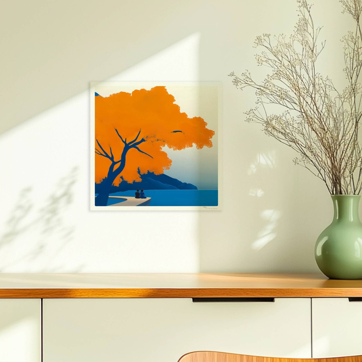 Illustration eines Paares auf einem Steg unter einem leuchtend orangefarbenen Baum an einem ruhigen Frühlingssee.. Ohne Rahmen 30x30