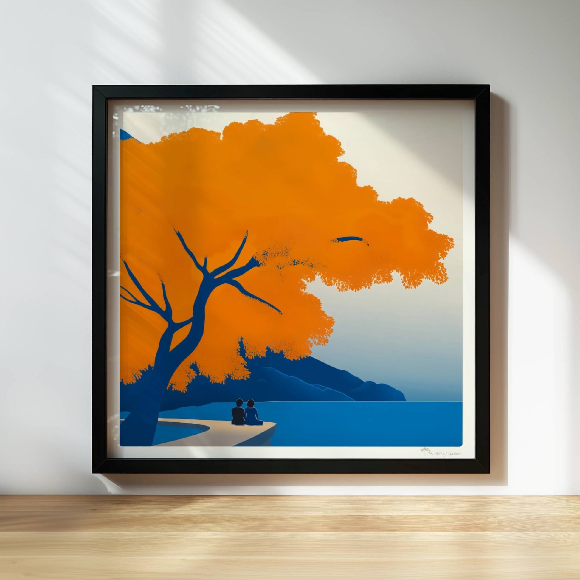 Illustration eines Paares auf einem Steg unter einem leuchtend orangefarbenen Baum an einem ruhigen Frühlingssee.. Rahmen schwarz 30x30