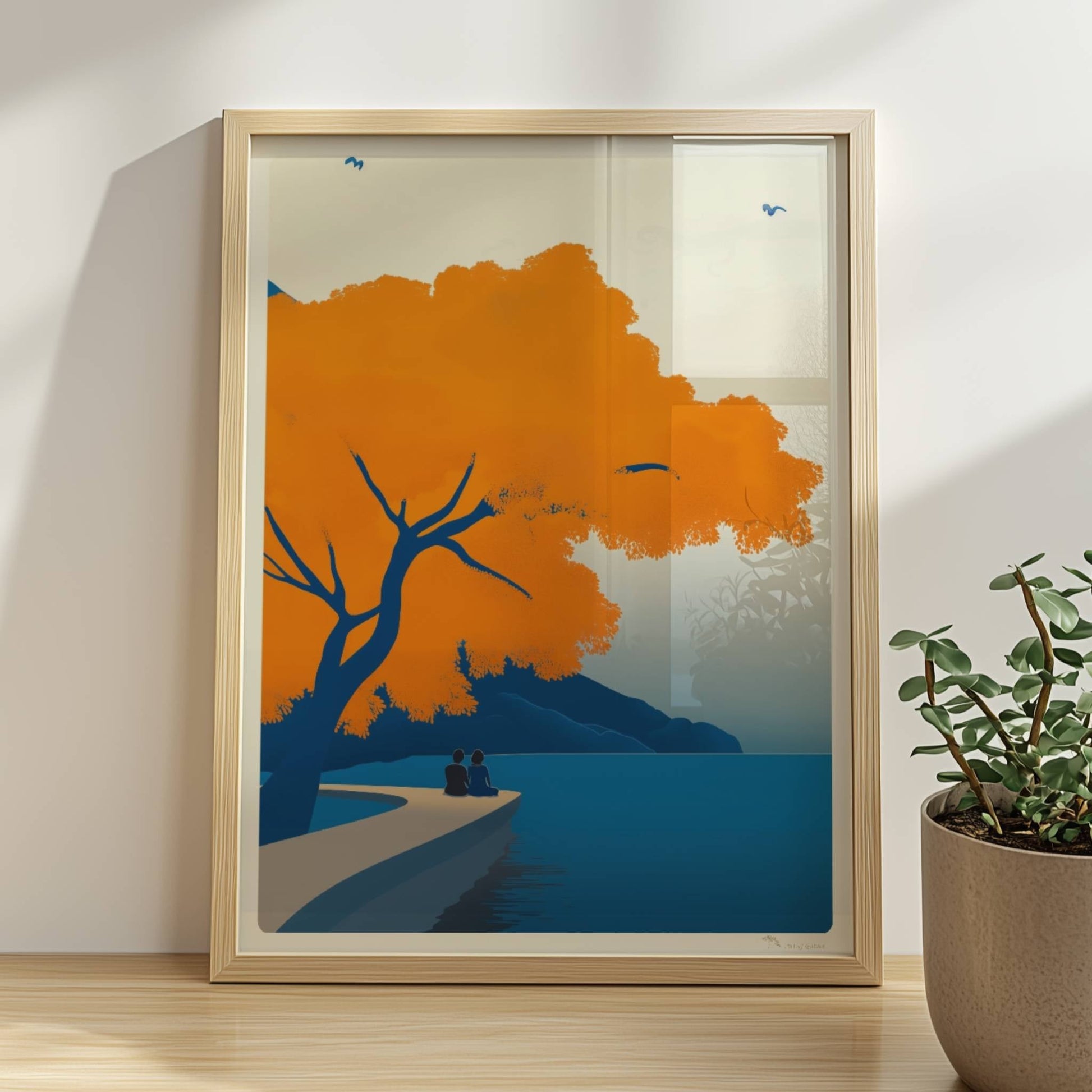 Illustration eines Paares auf einem Steg unter einem leuchtend orangefarbenen Baum an einem ruhigen Frühlingssee.. Rahmen natur 30x40