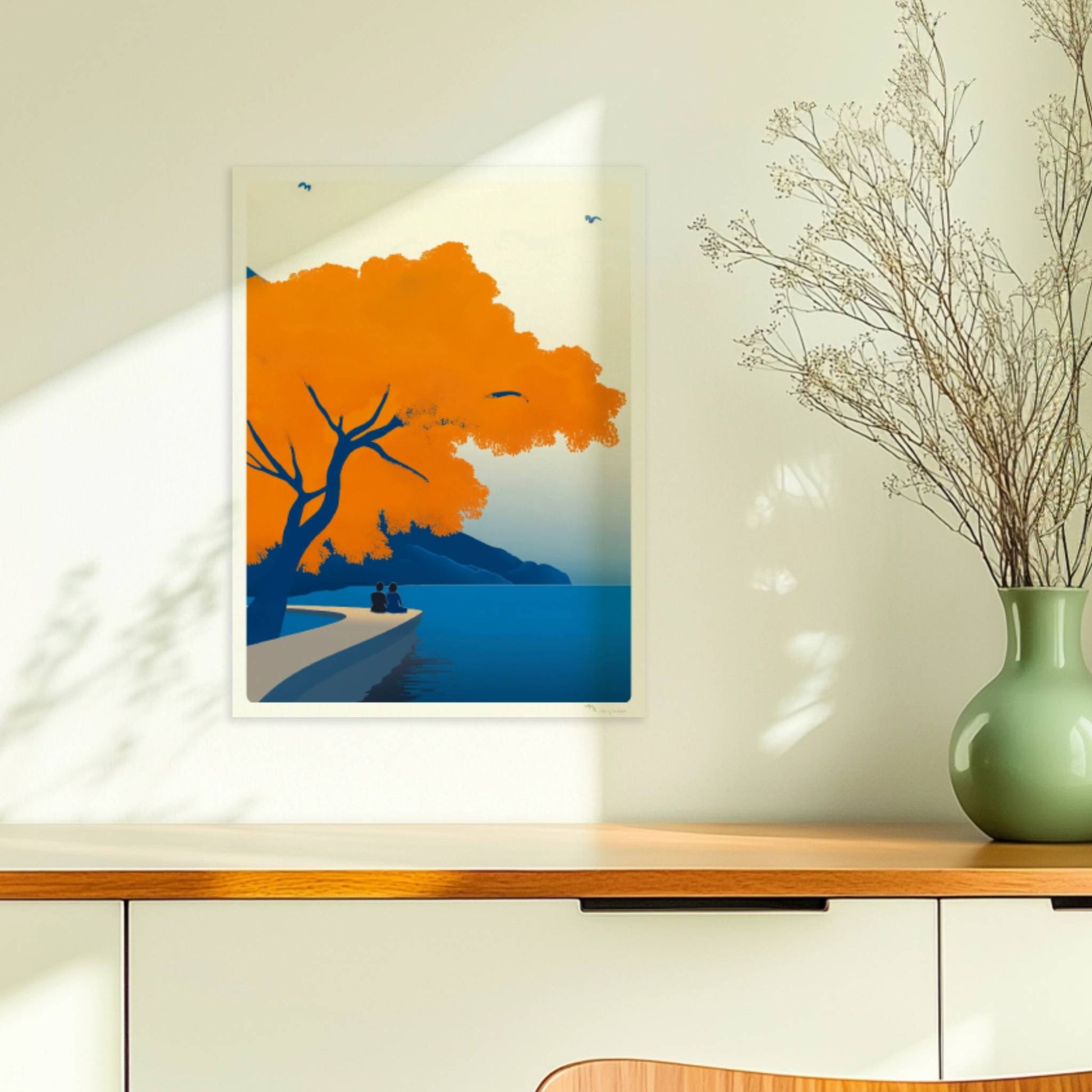 Illustration eines Paares auf einem Steg unter einem leuchtend orangefarbenen Baum an einem ruhigen Frühlingssee.. Ohne Rahmen 30x40