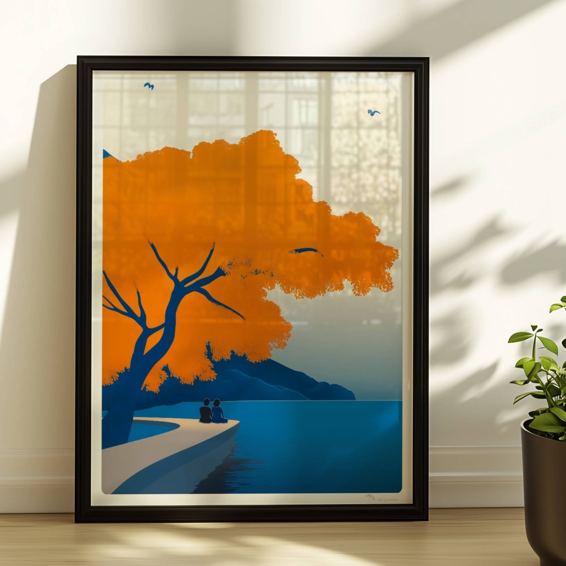 Illustration eines Paares auf einem Steg unter einem leuchtend orangefarbenen Baum an einem ruhigen Frühlingssee.. Rahmen schwarz 30x40