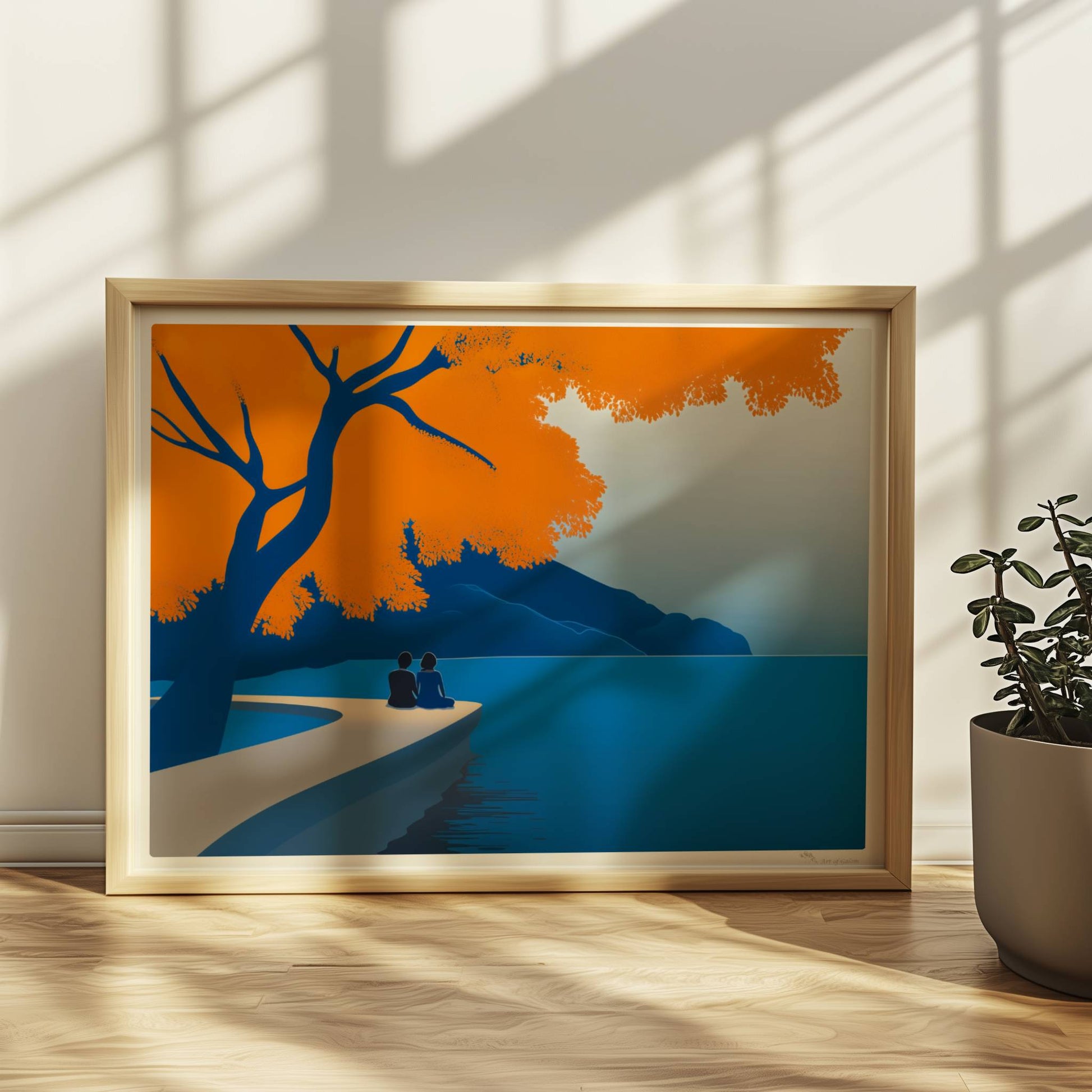 Illustration eines Paares auf einem Steg unter einem leuchtend orangefarbenen Baum an einem ruhigen Frühlingssee.. Rahmen natur 40x30