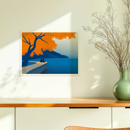 Illustration eines Paares auf einem Steg unter einem leuchtend orangefarbenen Baum an einem ruhigen Frühlingssee.. Ohne Rahmen 40x30