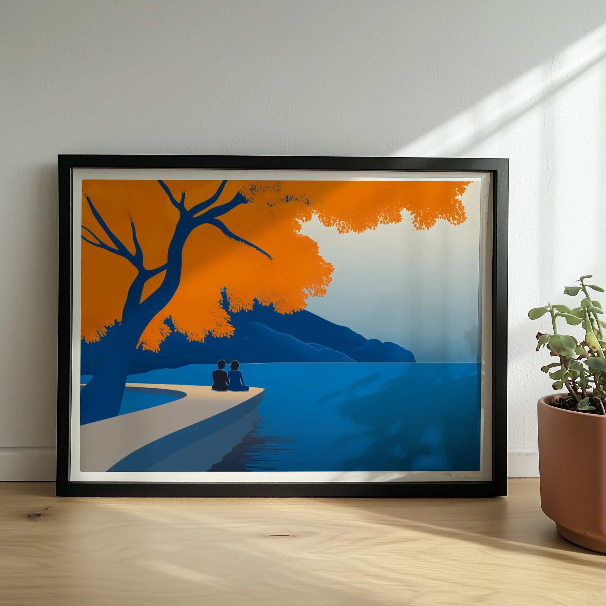Illustration eines Paares auf einem Steg unter einem leuchtend orangefarbenen Baum an einem ruhigen Frühlingssee.. Rahmen schwarz 40x30