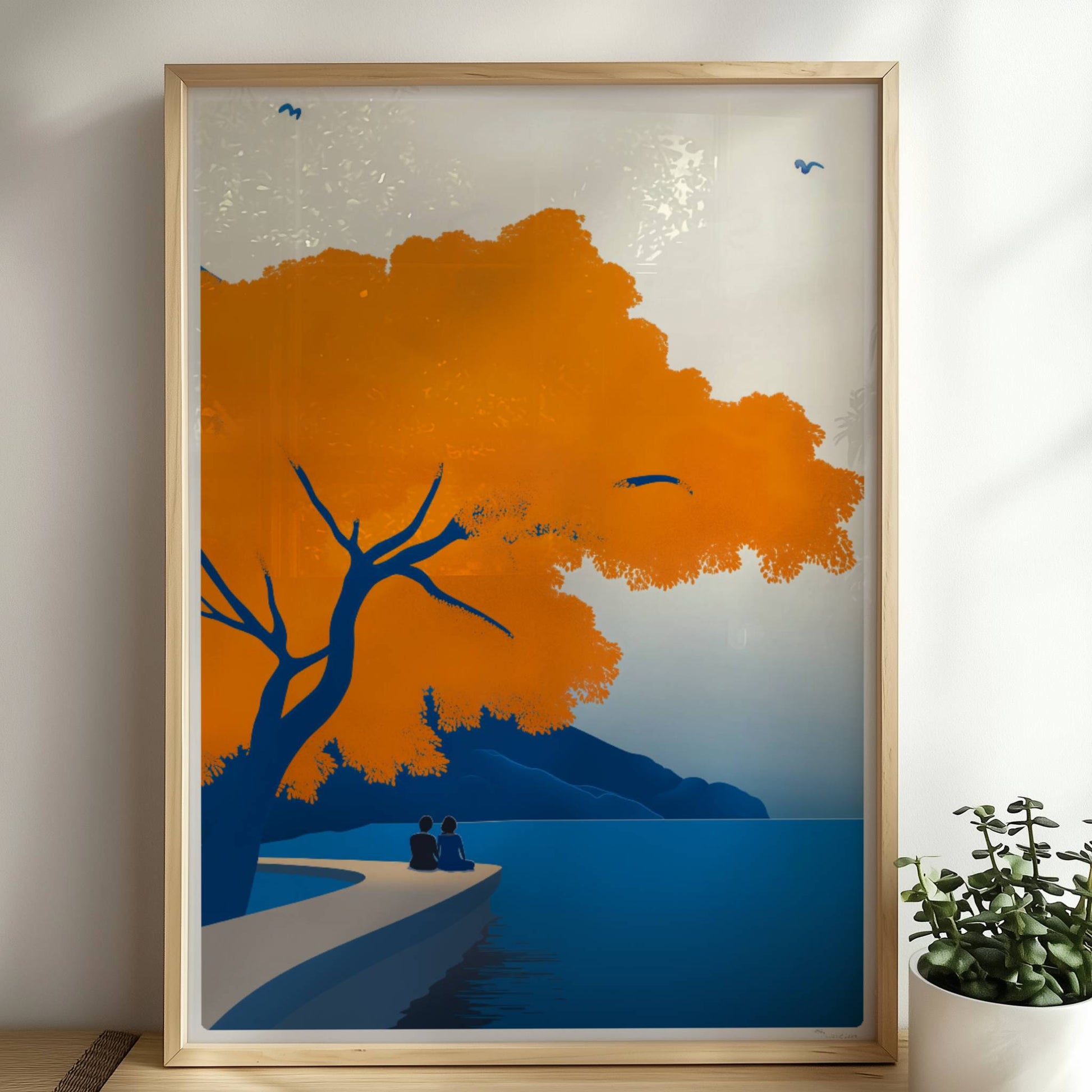 Illustration eines Paares auf einem Steg unter einem leuchtend orangefarbenen Baum an einem ruhigen Frühlingssee.. Rahmen natur 50x70