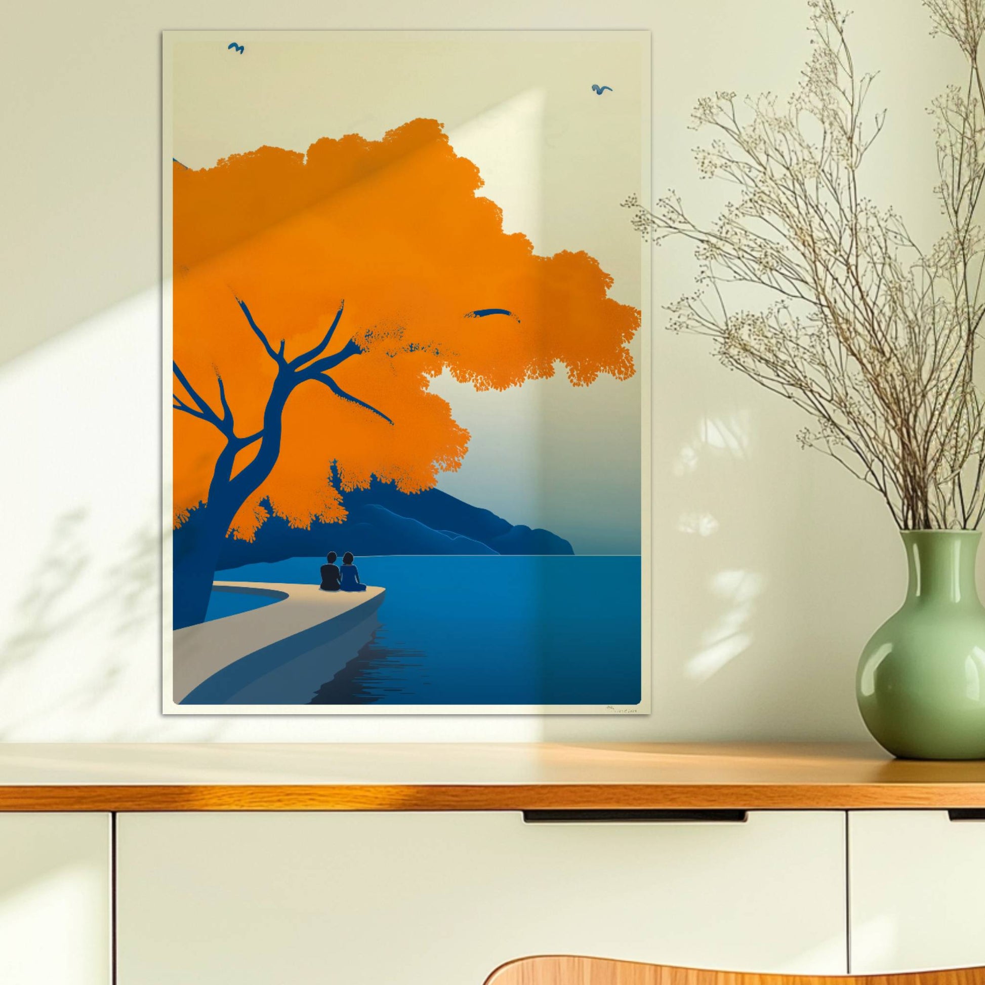 Illustration eines Paares auf einem Steg unter einem leuchtend orangefarbenen Baum an einem ruhigen Frühlingssee.. Ohne Rahmen 50x70