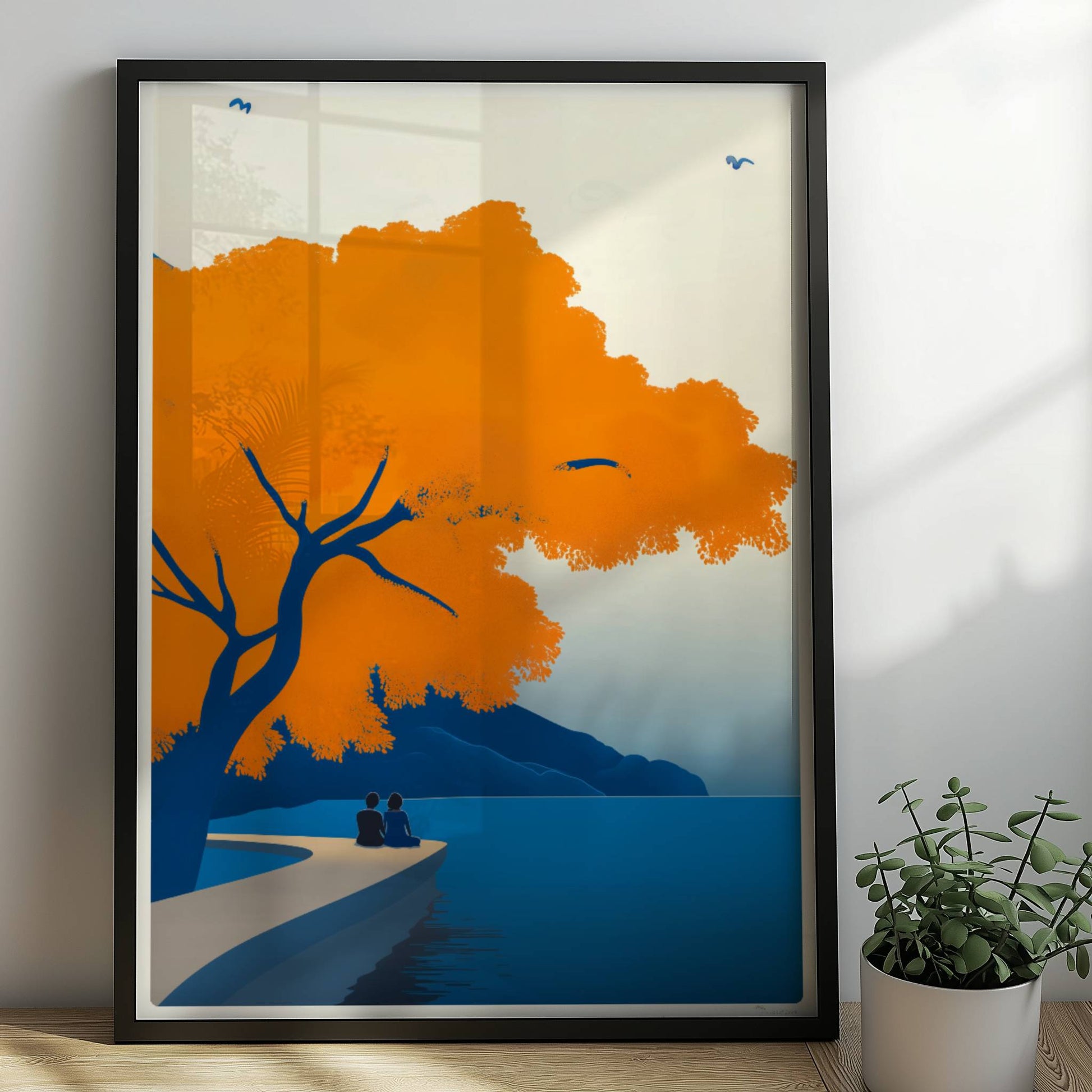 Illustration eines Paares auf einem Steg unter einem leuchtend orangefarbenen Baum an einem ruhigen Frühlingssee.. Rahmen schwarz 50x70