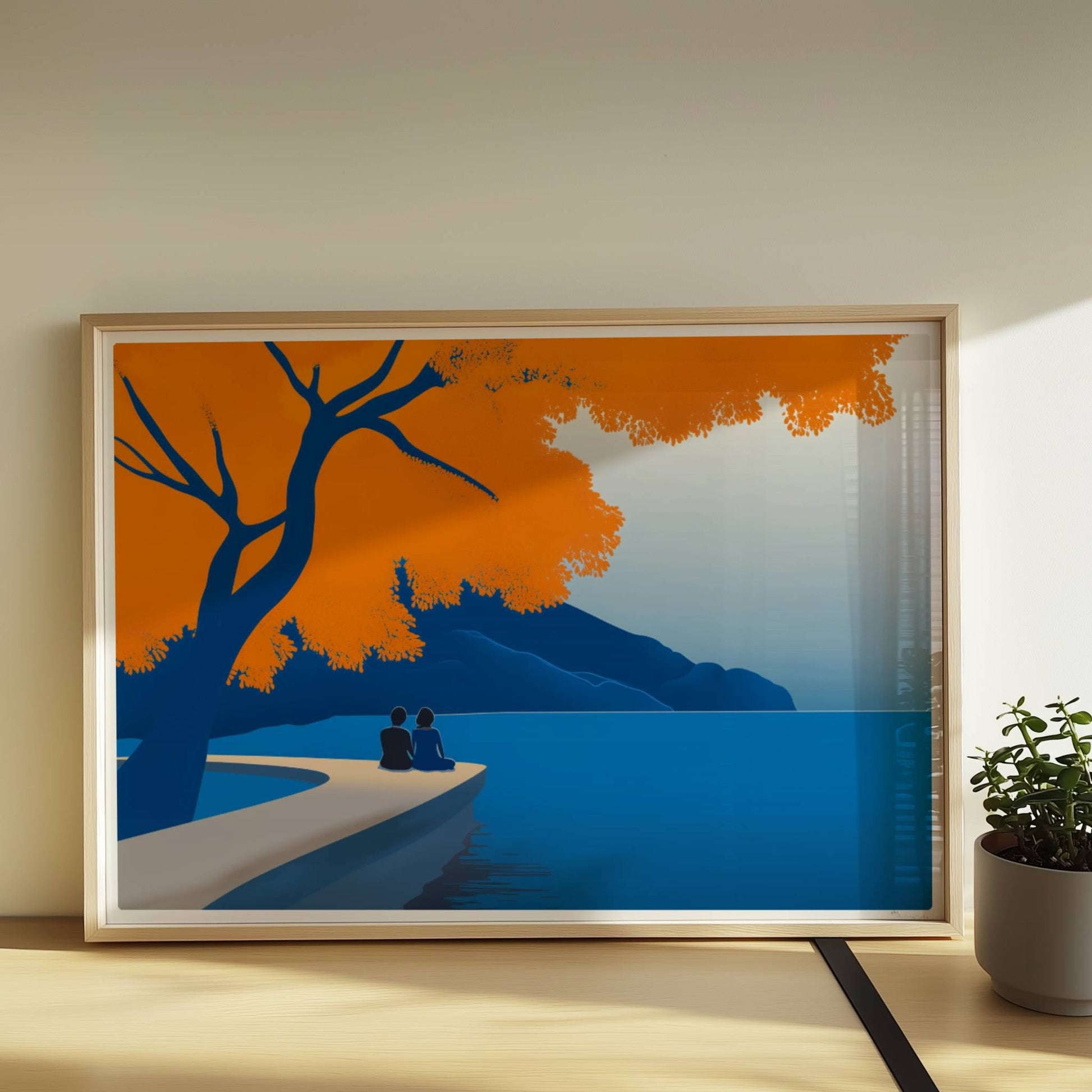 Illustration eines Paares auf einem Steg unter einem leuchtend orangefarbenen Baum an einem ruhigen Frühlingssee.. Rahmen natur 70x50