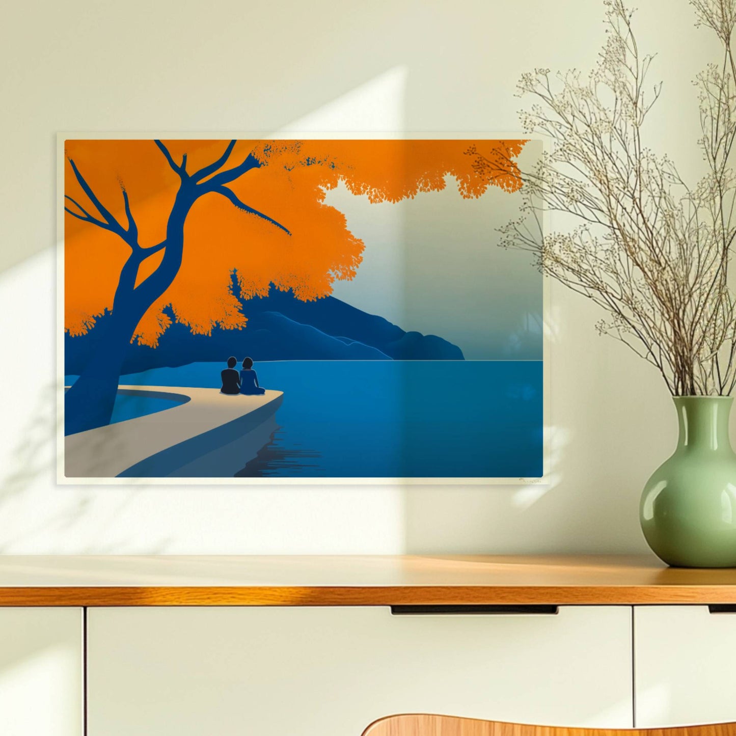 Illustration eines Paares auf einem Steg unter einem leuchtend orangefarbenen Baum an einem ruhigen Frühlingssee.. Ohne Rahmen 70x50