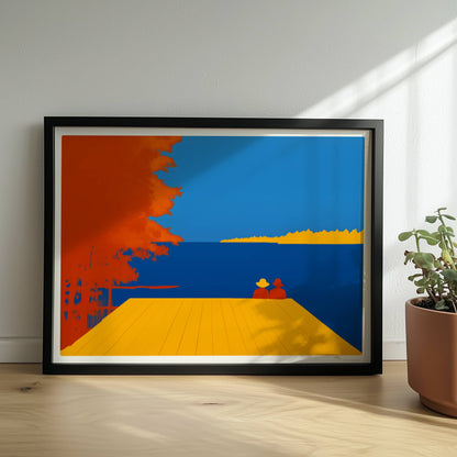 Zwei Personen auf einem Steg mit Blick auf einen leuchtend blauen See, flankiert von herbstlichen orangefarbenen Bäumen.. Rahmen schwarz 40x30