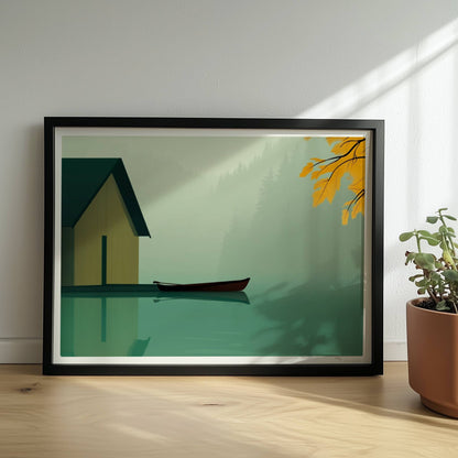 Stillleben eines Bootshauses mit Ruderboot auf einem nebligen See, eingerahmt von gelbem Herbstlaub.. Rahmen schwarz 40x30