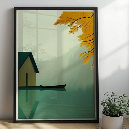 Stillleben eines Bootshauses mit Ruderboot auf einem nebligen See, eingerahmt von gelbem Herbstlaub.. Rahmen schwarz 50x70