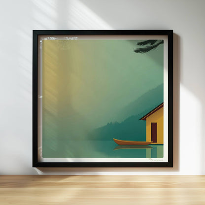 Minimalistisches Bootshaus in Gelb mit Ruderboot am ruhigen See im Morgendunst, Tannen im Hintergrund.. Rahmen schwarz 30x30