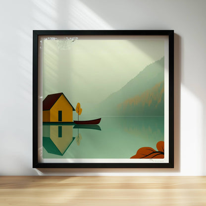 Gelbes Bootshaus mit Ruderboot auf ruhigem See im Nebel, Herbstfarben und reflektierende Wasseroberfläche.. Rahmen schwarz 30x30