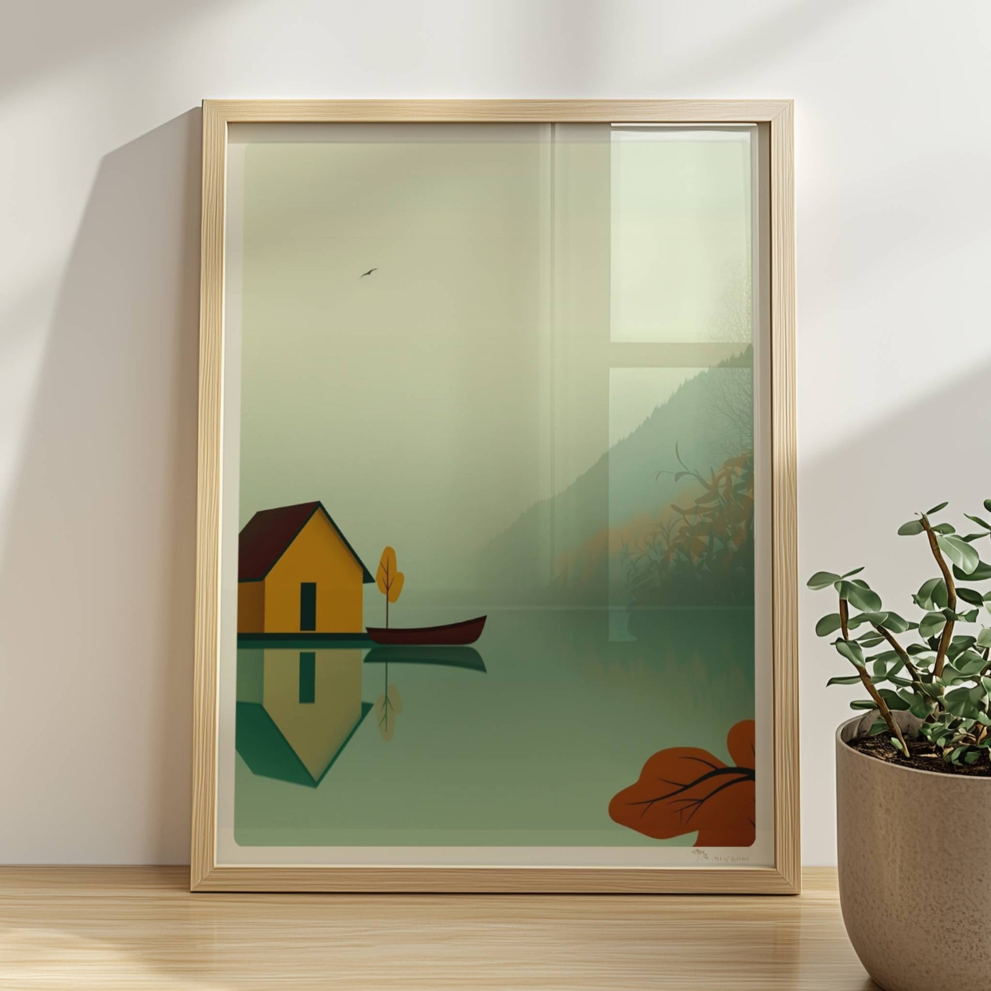 Gelbes Bootshaus mit Ruderboot auf ruhigem See im Nebel, Herbstfarben und reflektierende Wasseroberfläche.. Rahmen natur 30x40