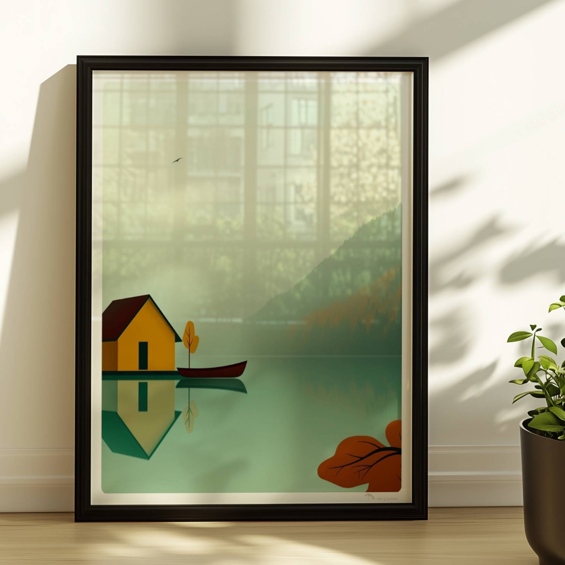 Gelbes Bootshaus mit Ruderboot auf ruhigem See im Nebel, Herbstfarben und reflektierende Wasseroberfläche.. Rahmen schwarz 30x40