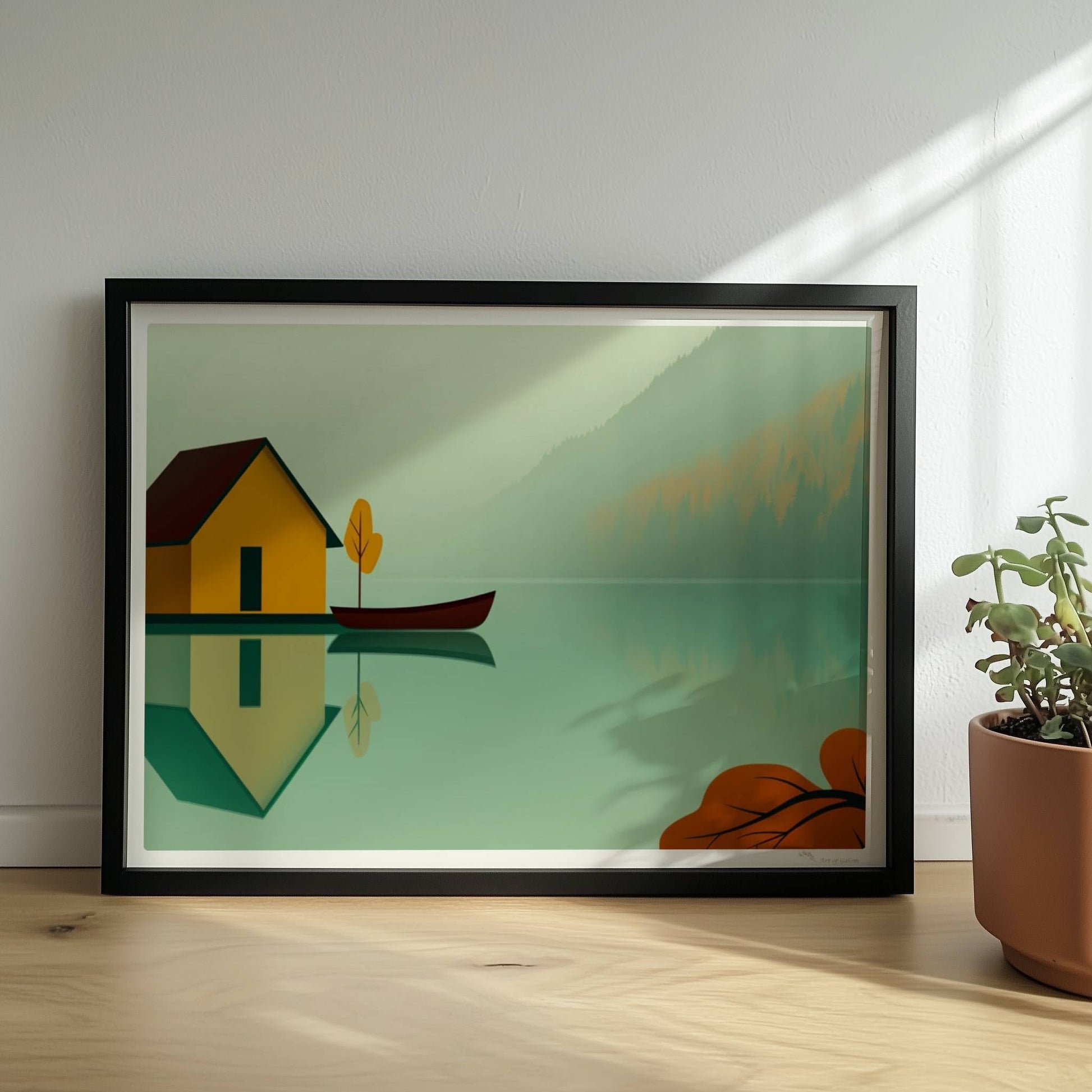 Gelbes Bootshaus mit Ruderboot auf ruhigem See im Nebel, Herbstfarben und reflektierende Wasseroberfläche.. Rahmen schwarz 40x30